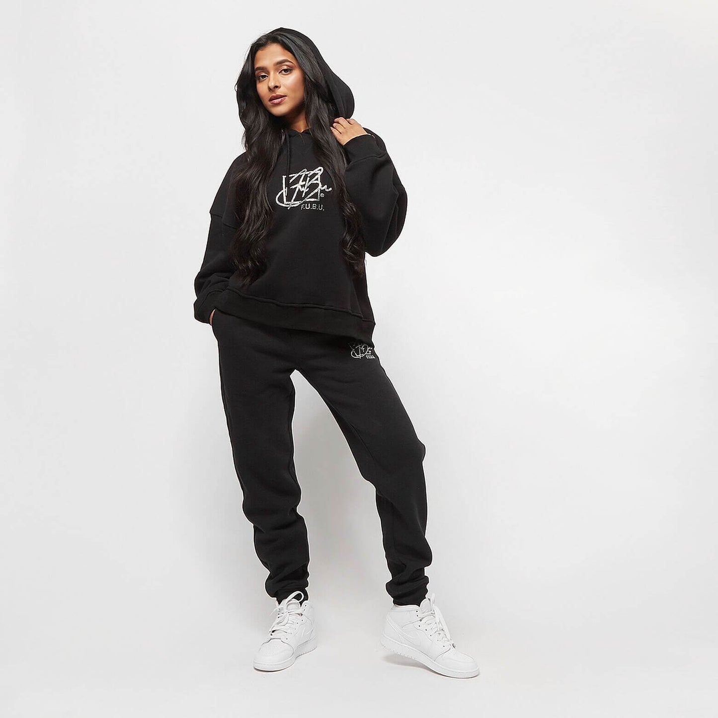 FUBU Script Oversize Rhinestone Hooded Sweatshirt black