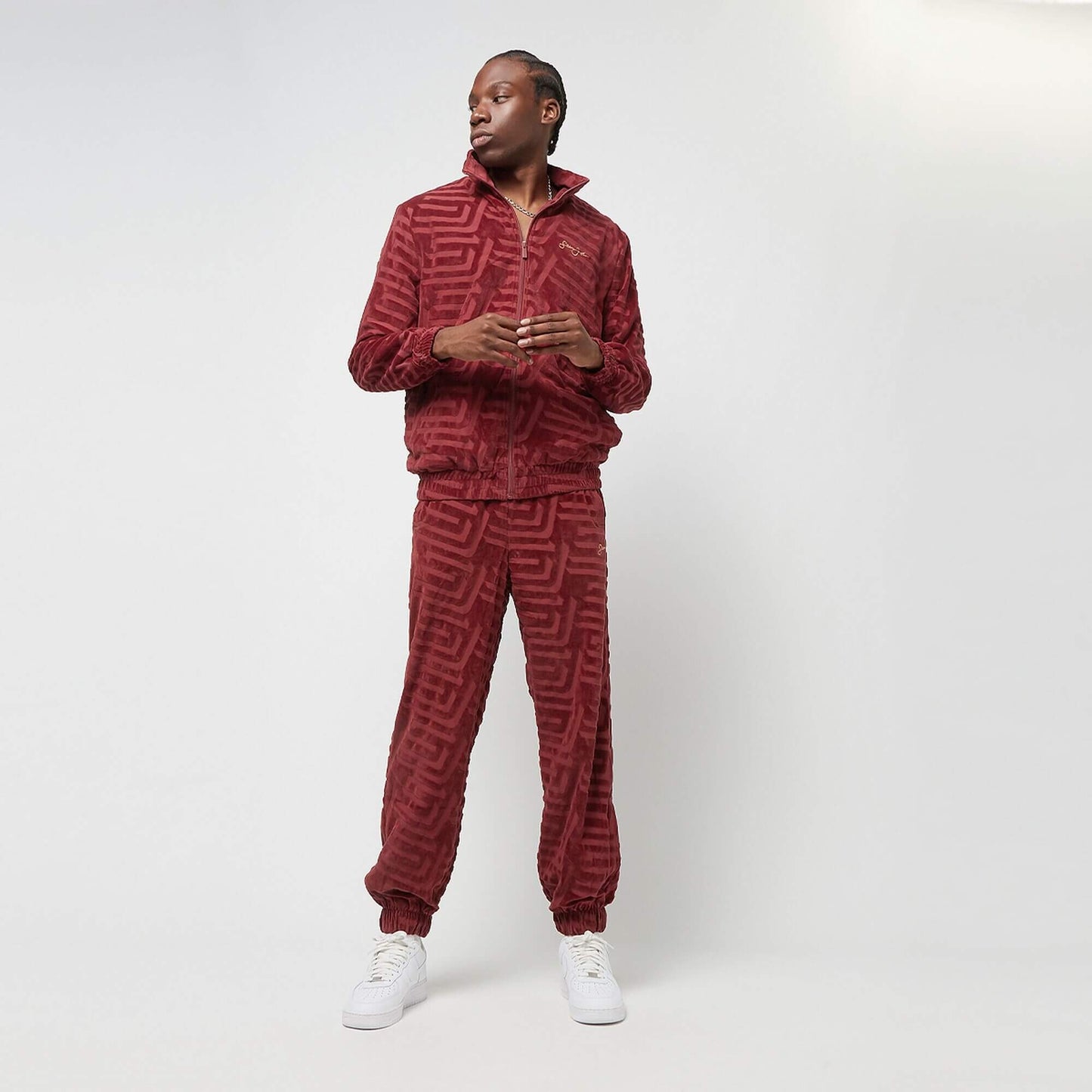 Sean John SJ Script Logo Geometric Devorèe Velours Trackjacket dark red