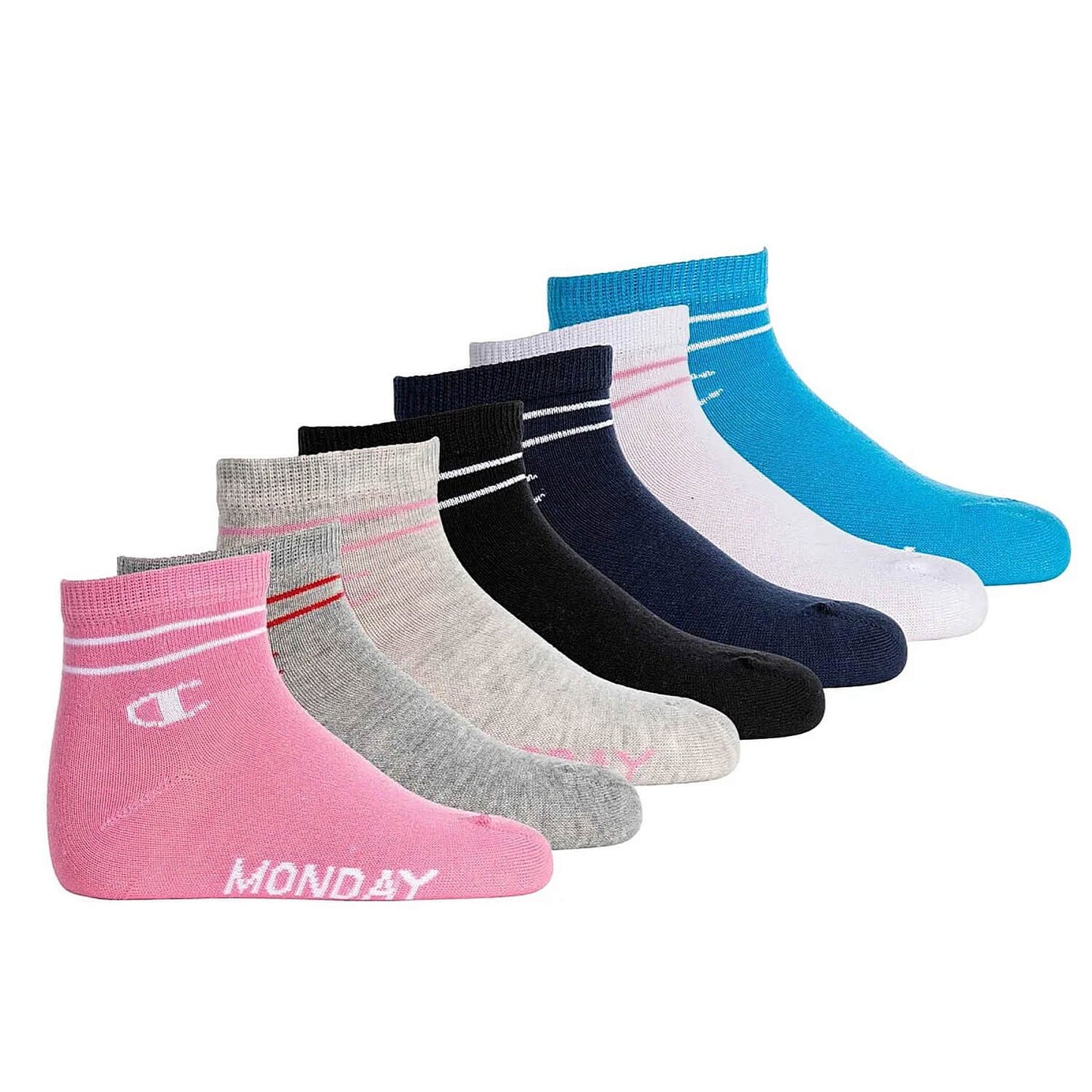 Champion 7pk short crew socks Pink/Grey/Grey/Black/Navy/White/Blue