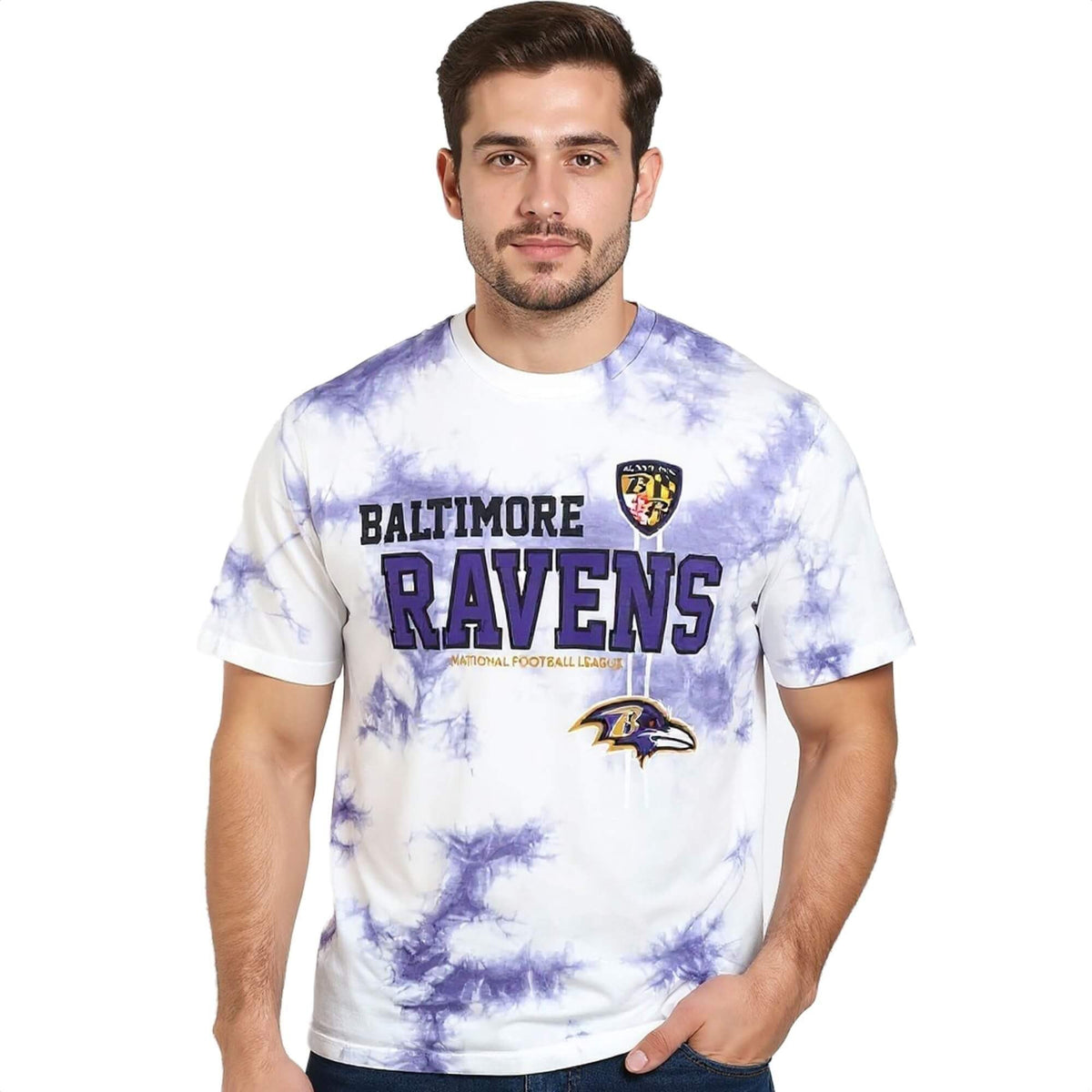 Pánske tričko RECOVERED X NFL Baltimore Ravens fialovo-biele batikované