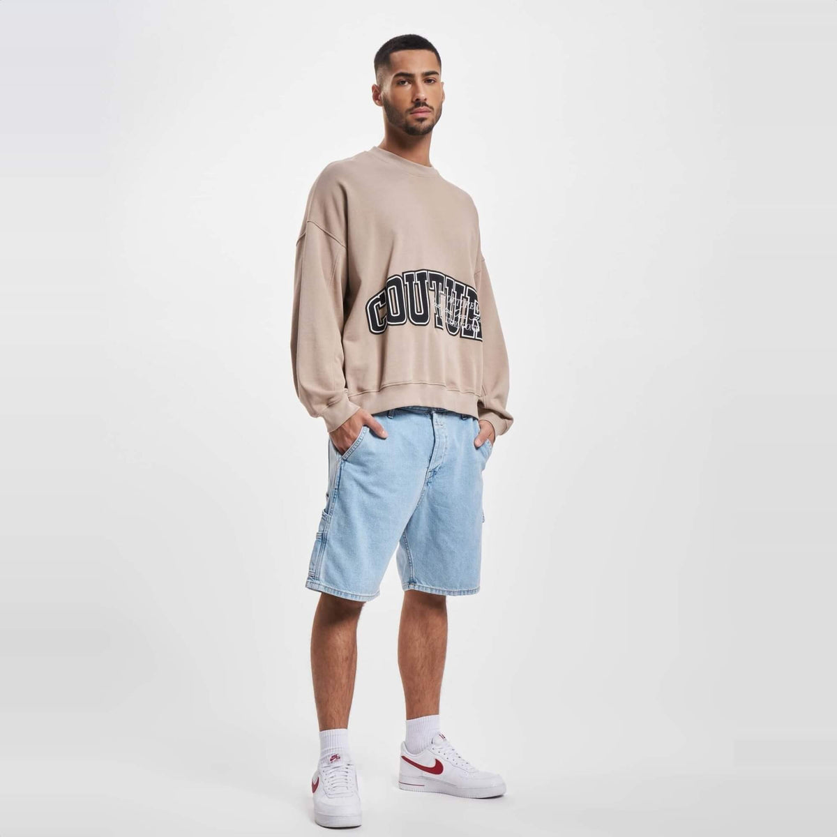 Pánska mikina The Couture Club Varsity Puff Print Crew béžová