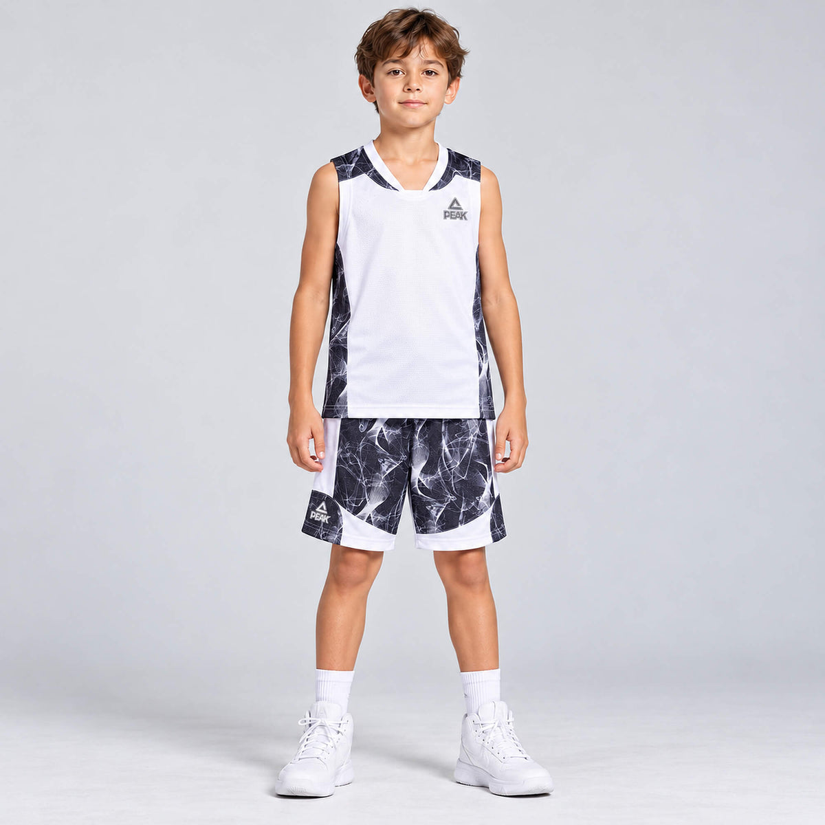 Detská basketbalová súprava (dres + trenírky) Peak Basketball Sets Match Kids biela