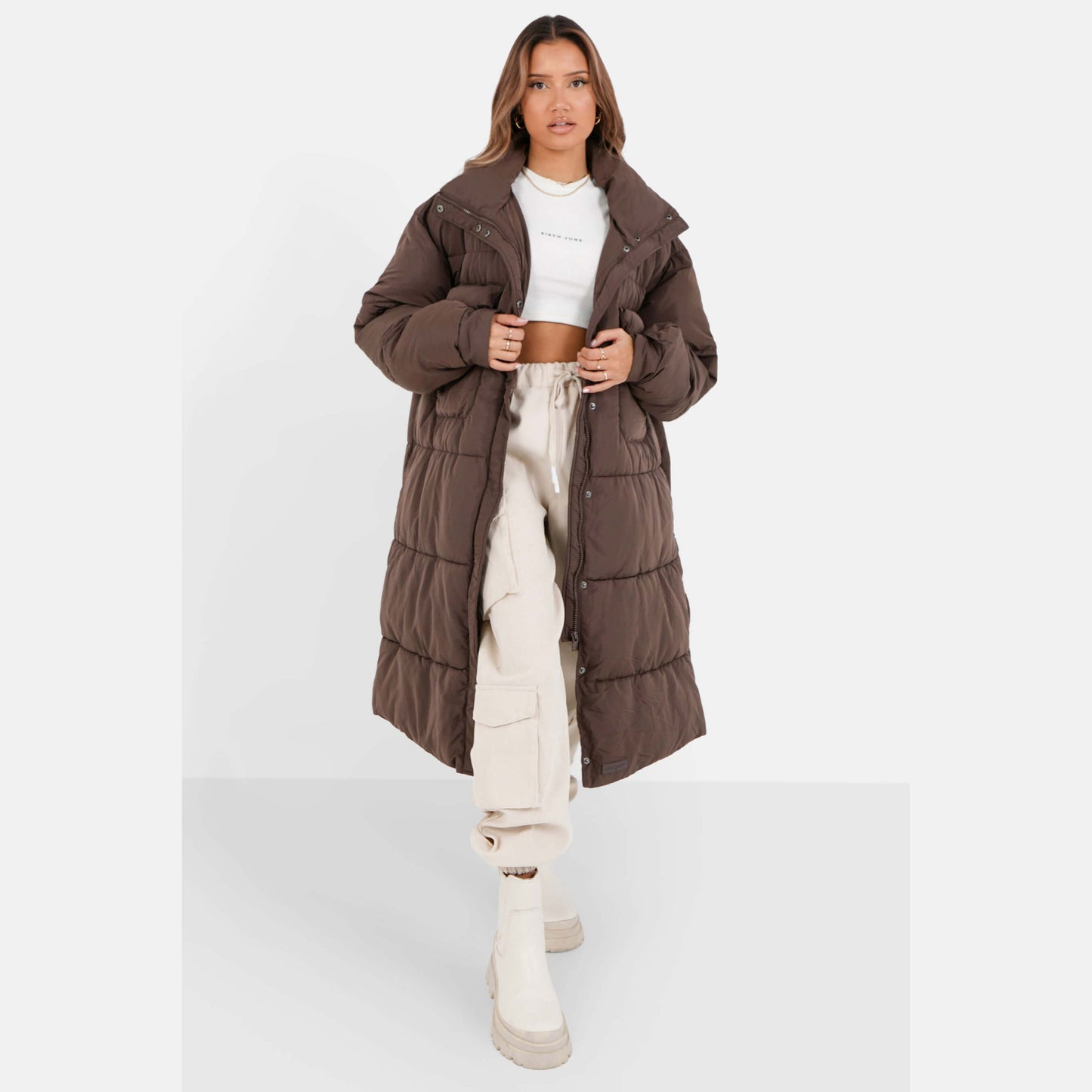 Sixth June Oversized Cargo Maxi Puffer Jacket Brown