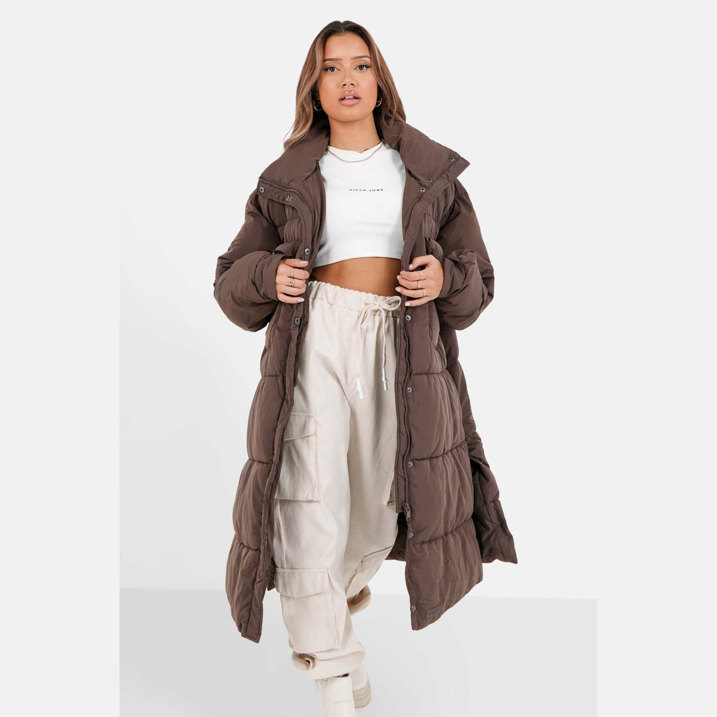 Sixth June Oversized Cargo Maxi Puffer Jacket Brown