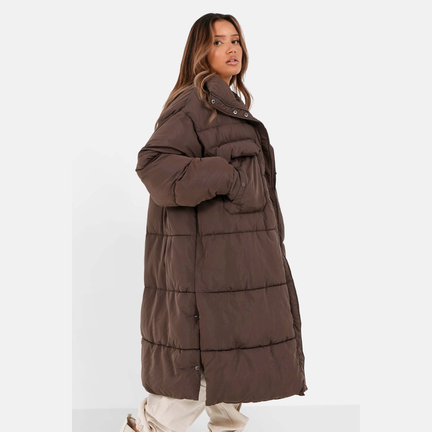 Sixth June Oversized Cargo Maxi Puffer Jacket Brown