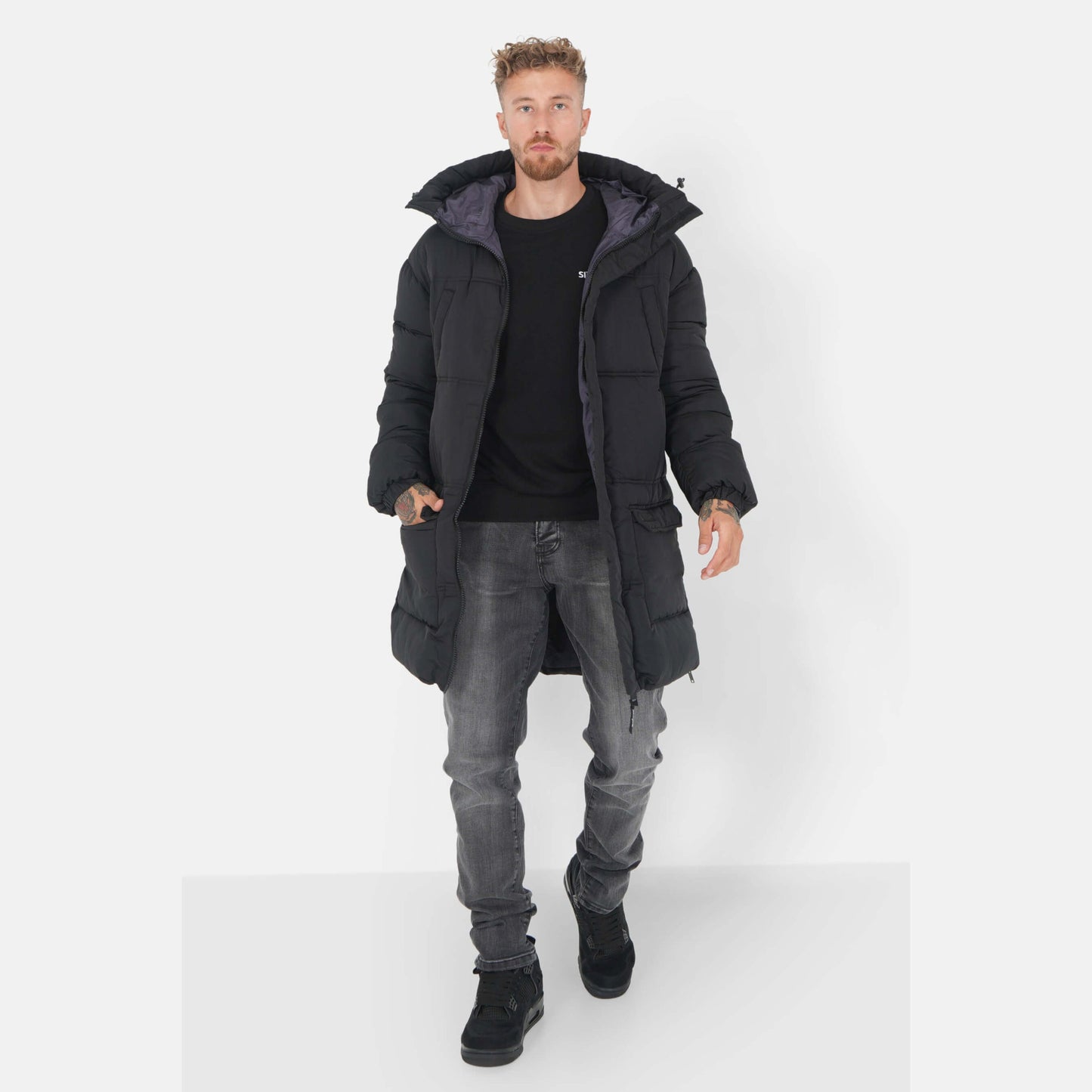 Sixth June Long Puffer Jacket With Hood Black