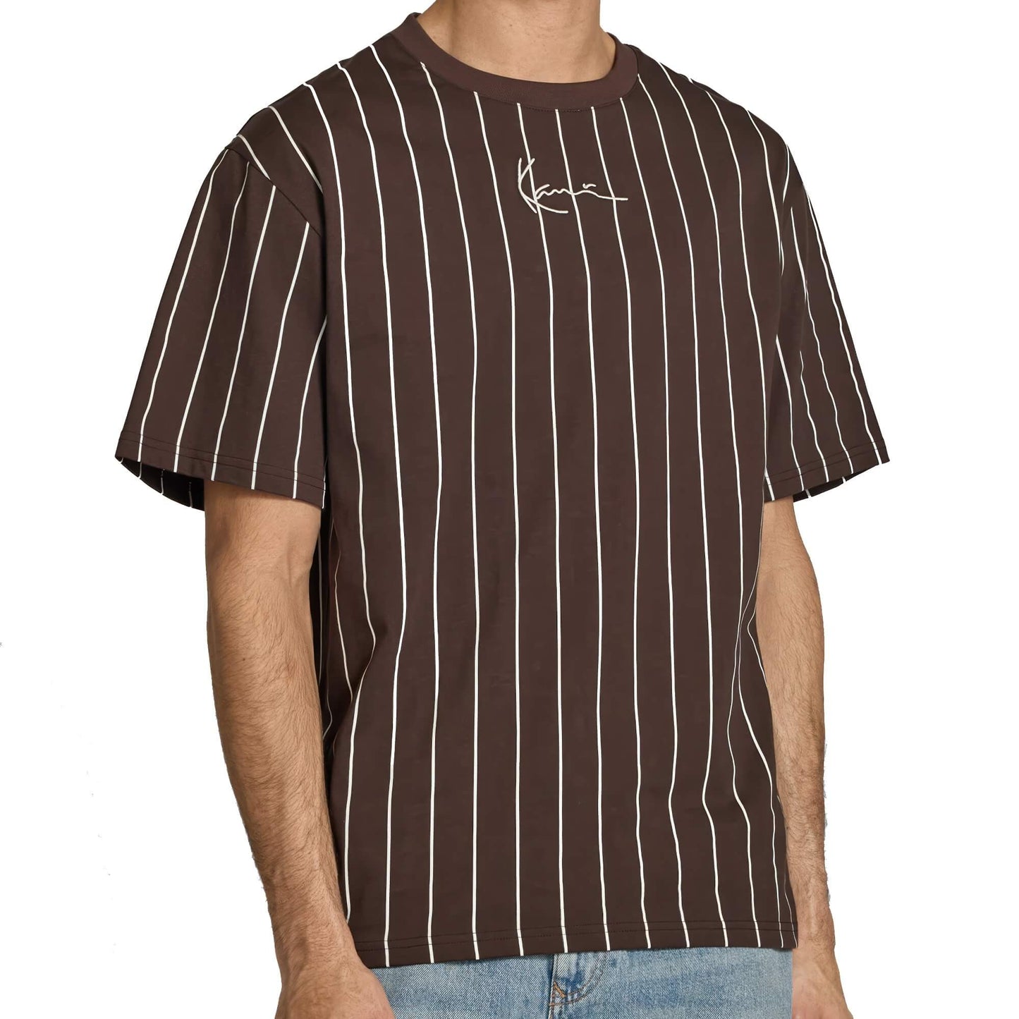 Pánske tričko Karl Kani Small Signature Essential Pinstripe Tee hnedé