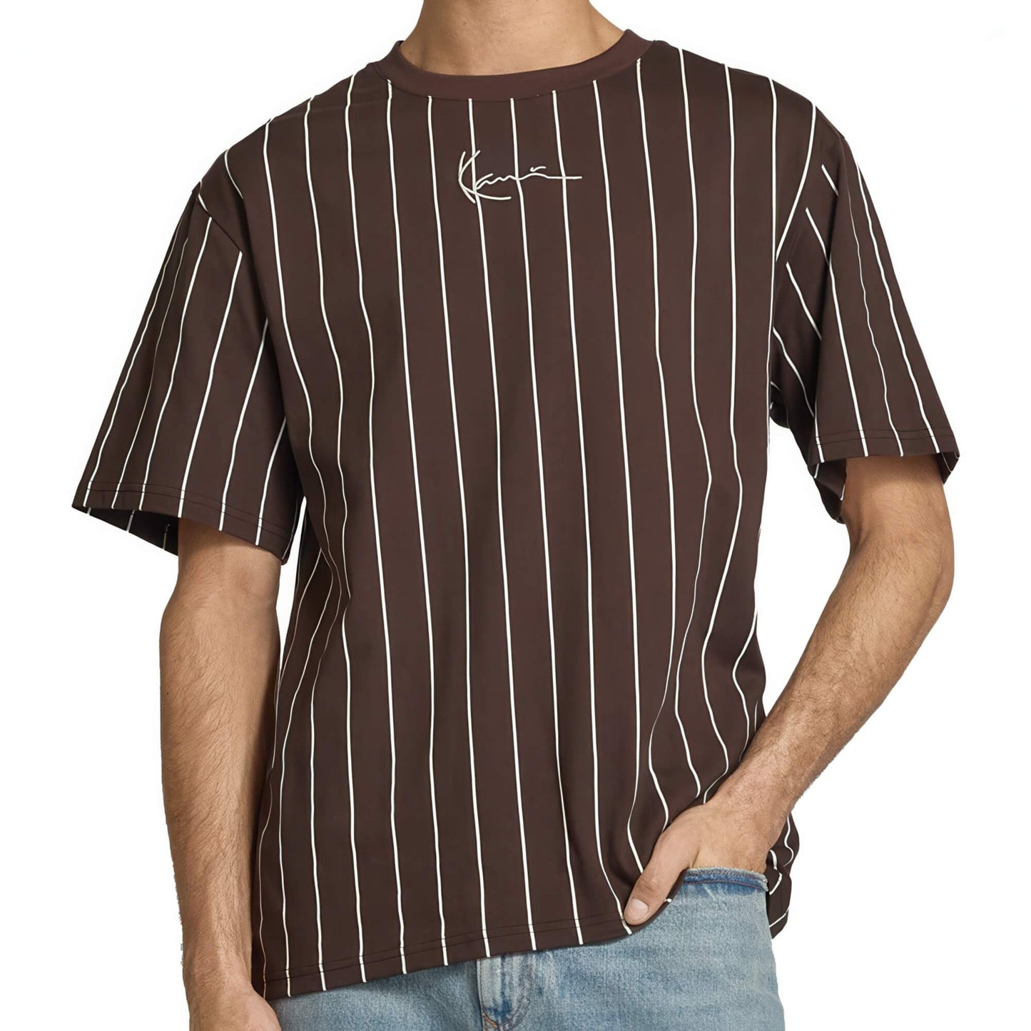 Pánske tričko Karl Kani Small Signature Essential Pinstripe Tee hnedé