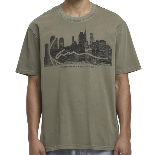 Pánske tričko Karl Kani Signature Skyline Washed Boxy T-Shirt olivovo zelené