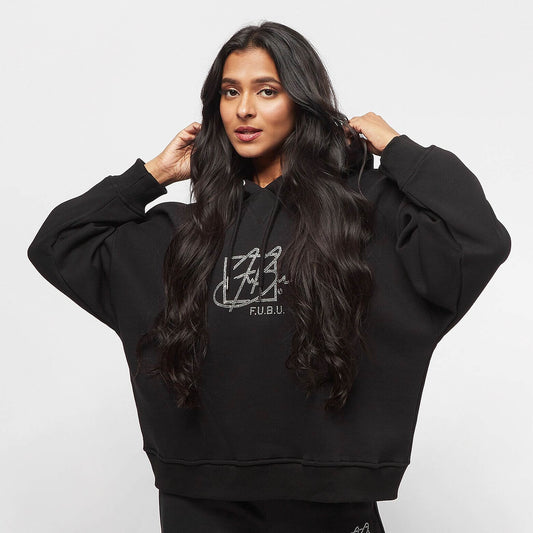 FUBU Script Oversize Rhinestone Hooded Sweatshirt black