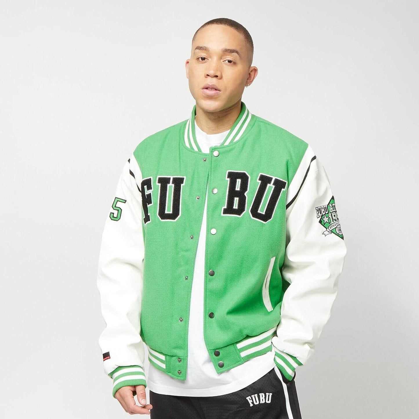 Kožená bunda FUBU College Fake Leather Jacket zelená/biela