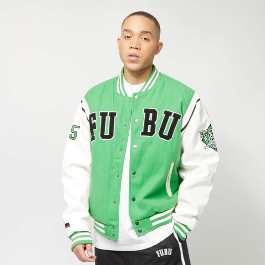 Kožená bunda FUBU College Fake Leather Jacket zelená/biela