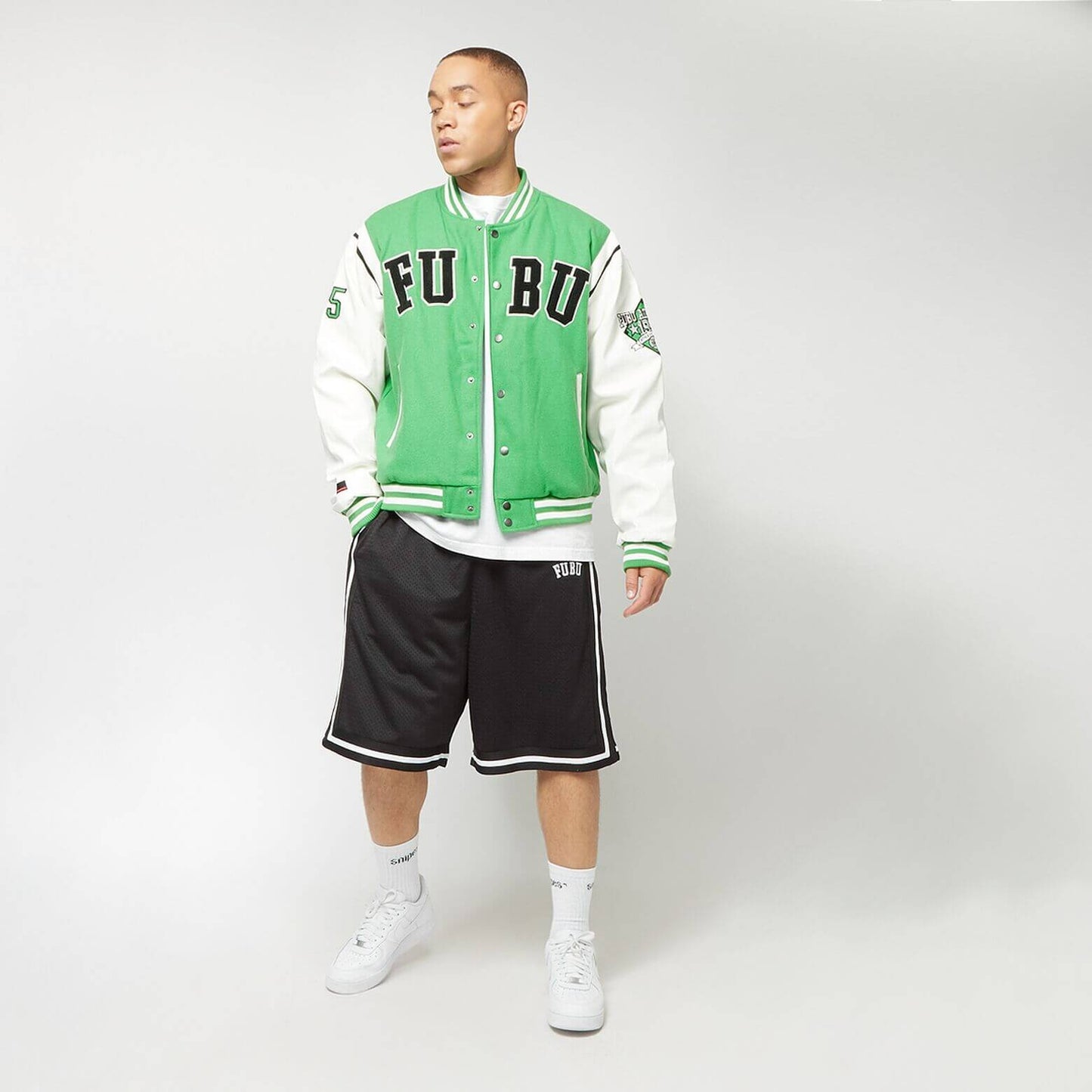 Kožená bunda FUBU College Fake Leather Jacket zelená/biela