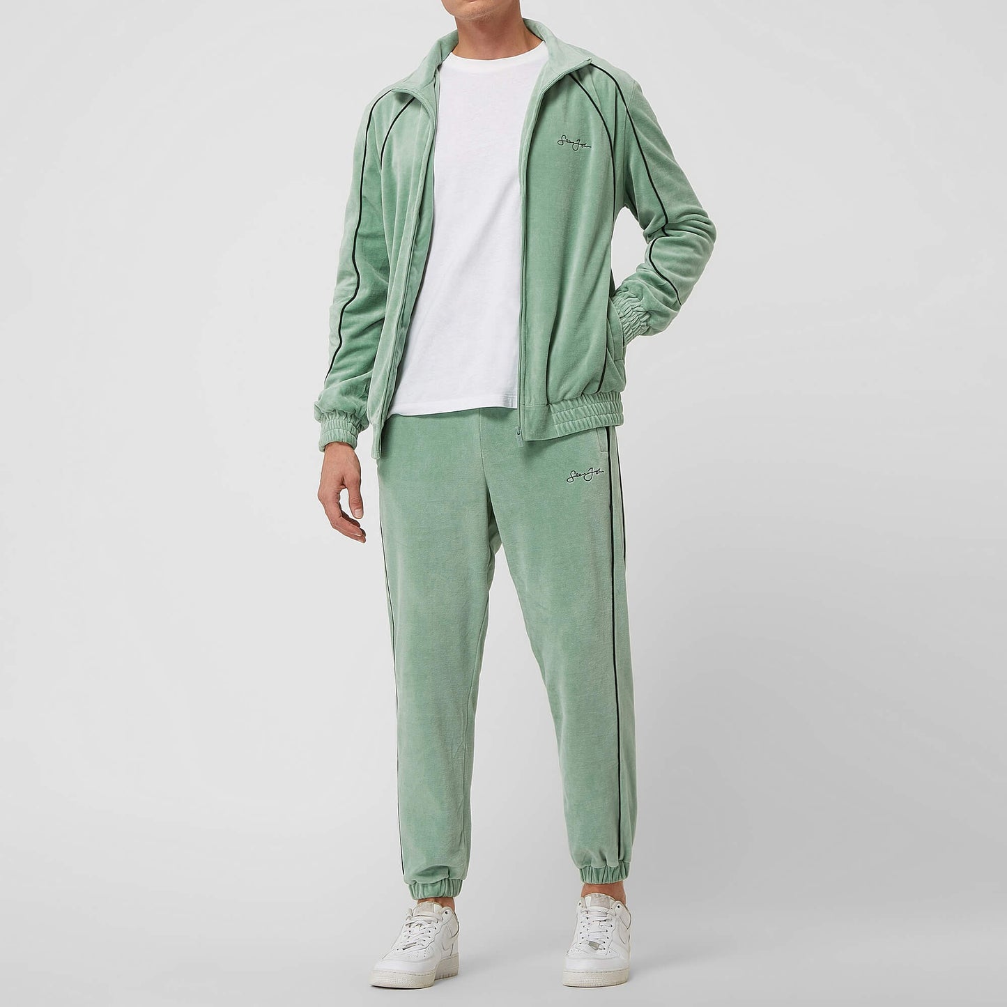 Sean John Script Logo Piping Velours Trackpants Light Green