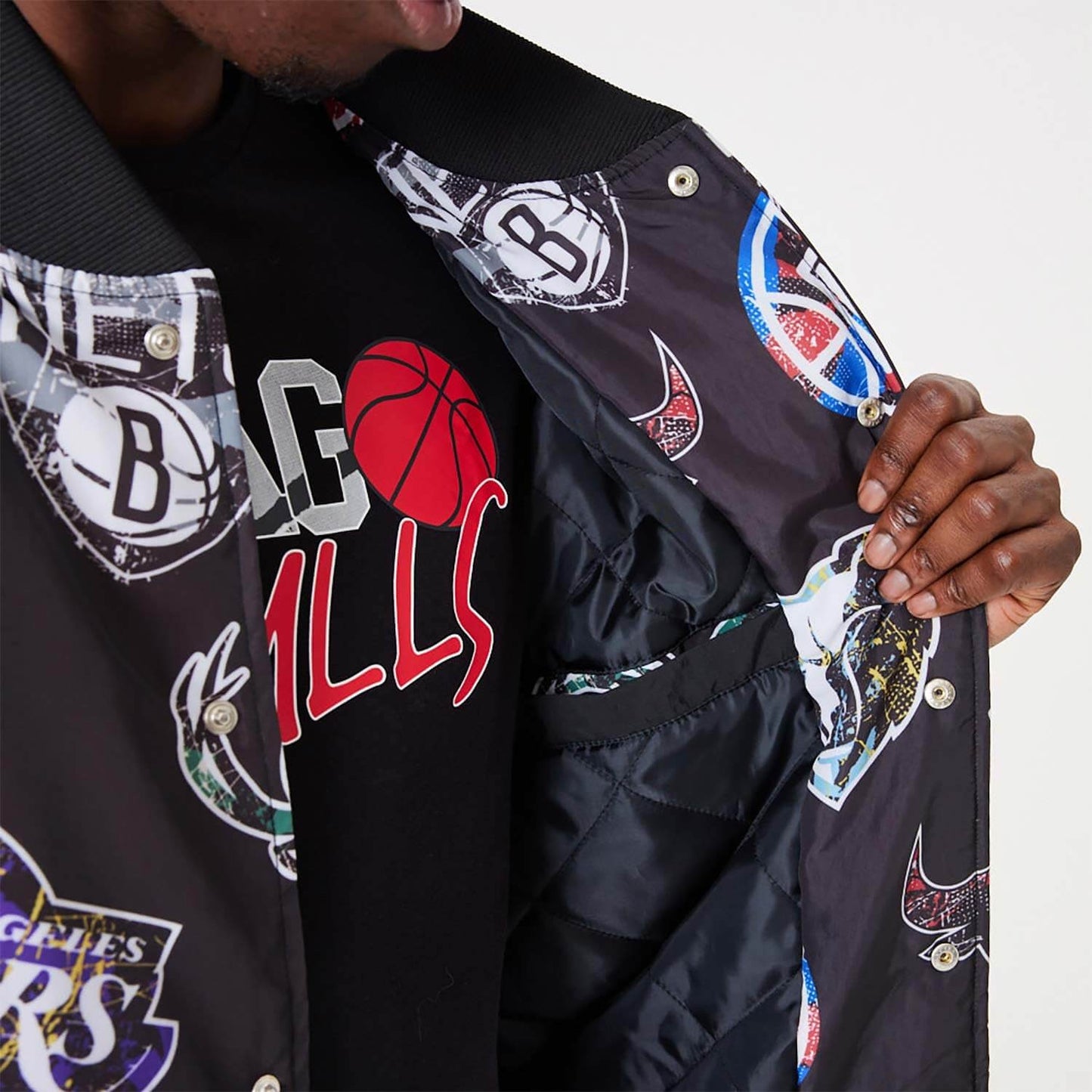 NEW ERA NBA All Over Print Team Logos Black Bomber Jacket Black