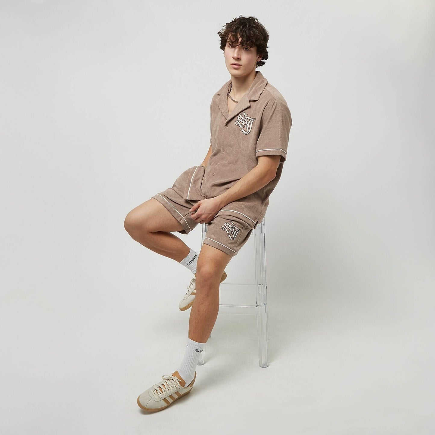 Sean John SJ Old English Initials Frottee Resort Shirt light brown/off-white