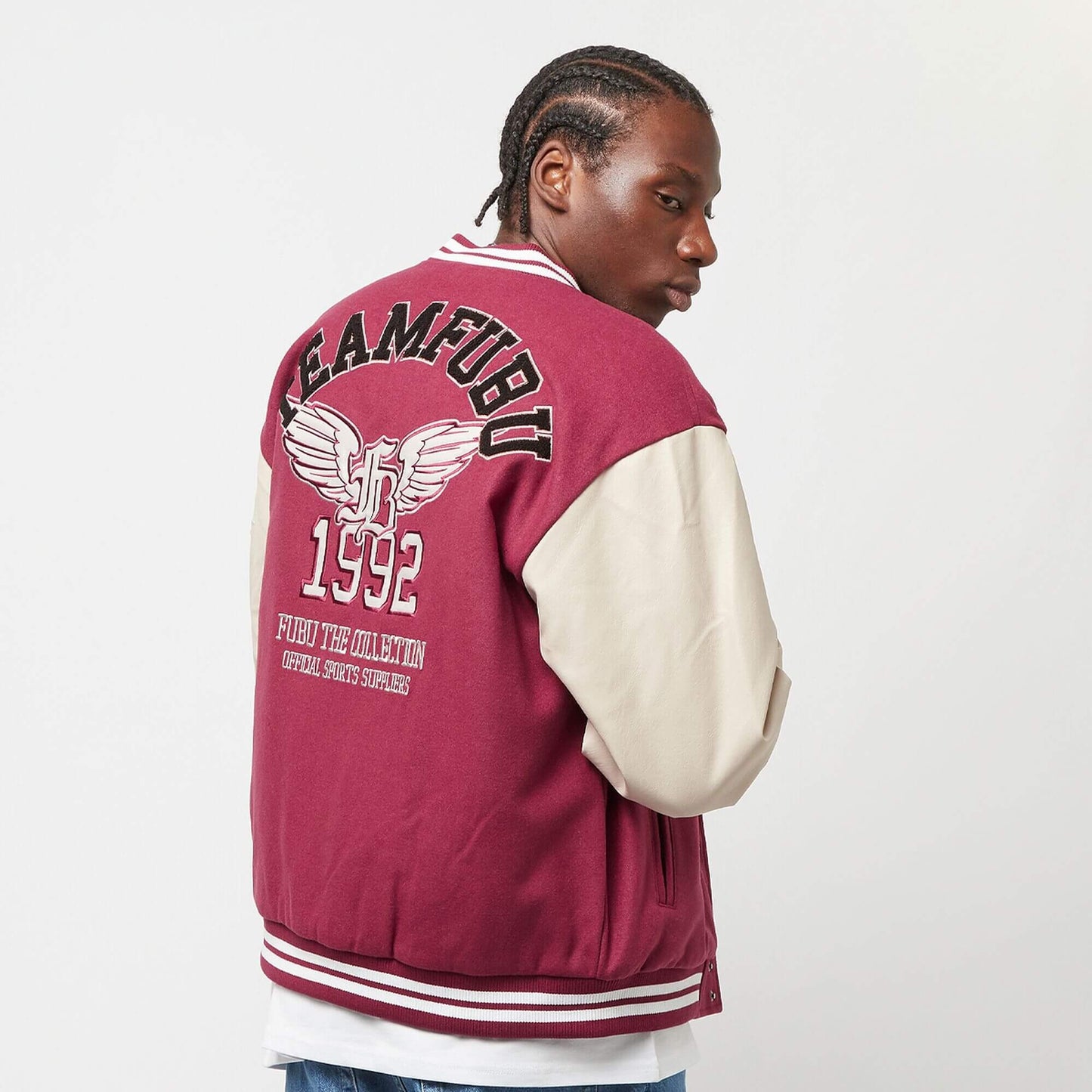 Bunda bomber FUBU College Varsity Jacket červená/krémovo-biela