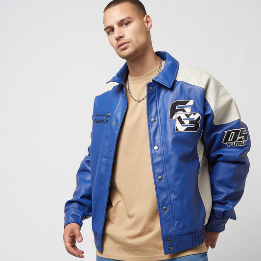 Kožená bunda FUBU Corporate Leather Jacket modrá