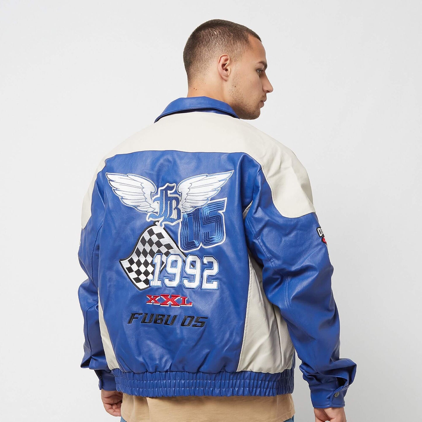 Kožená bunda FUBU Corporate Leather Jacket modrá