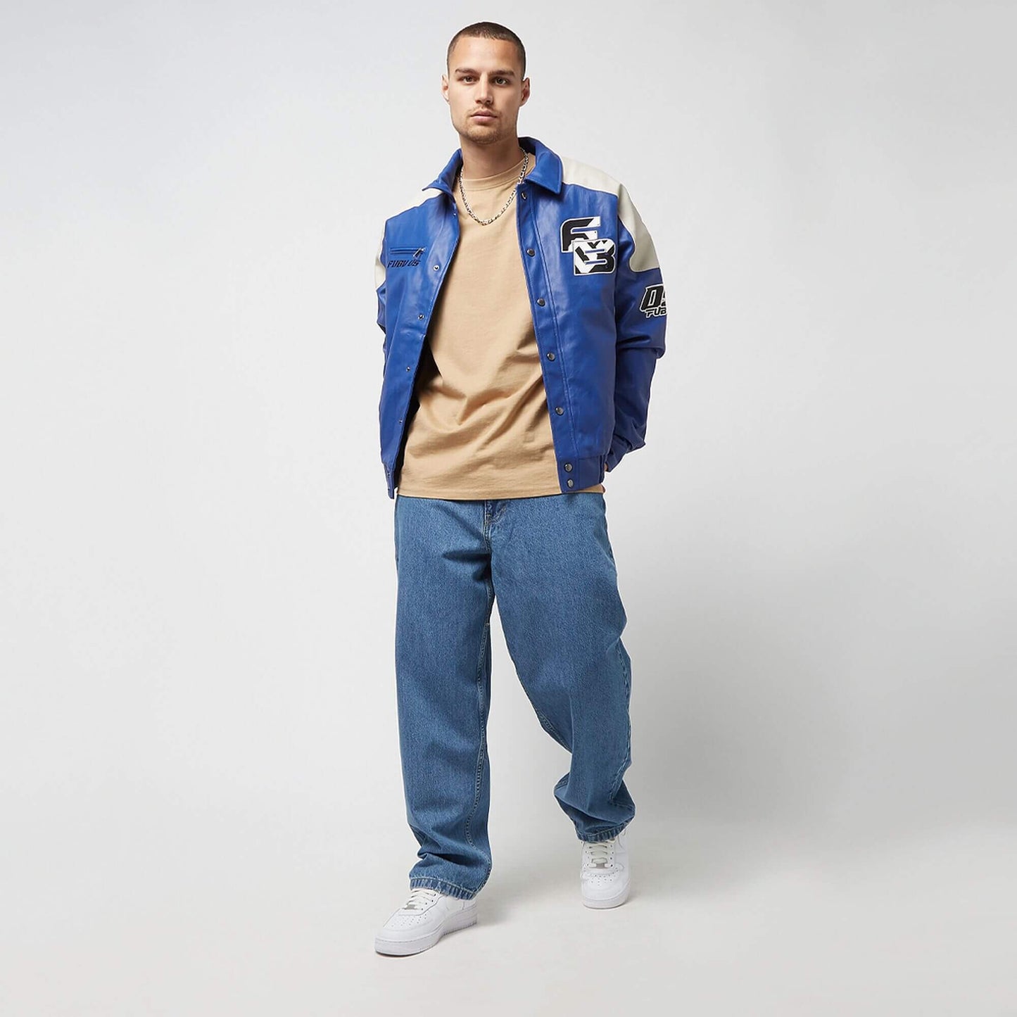 Kožená bunda FUBU Corporate Leather Jacket modrá