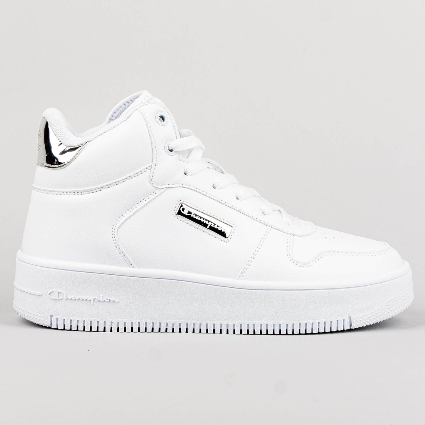 Champion Mid Cut Shoe Rebound Platform Mid Metal White