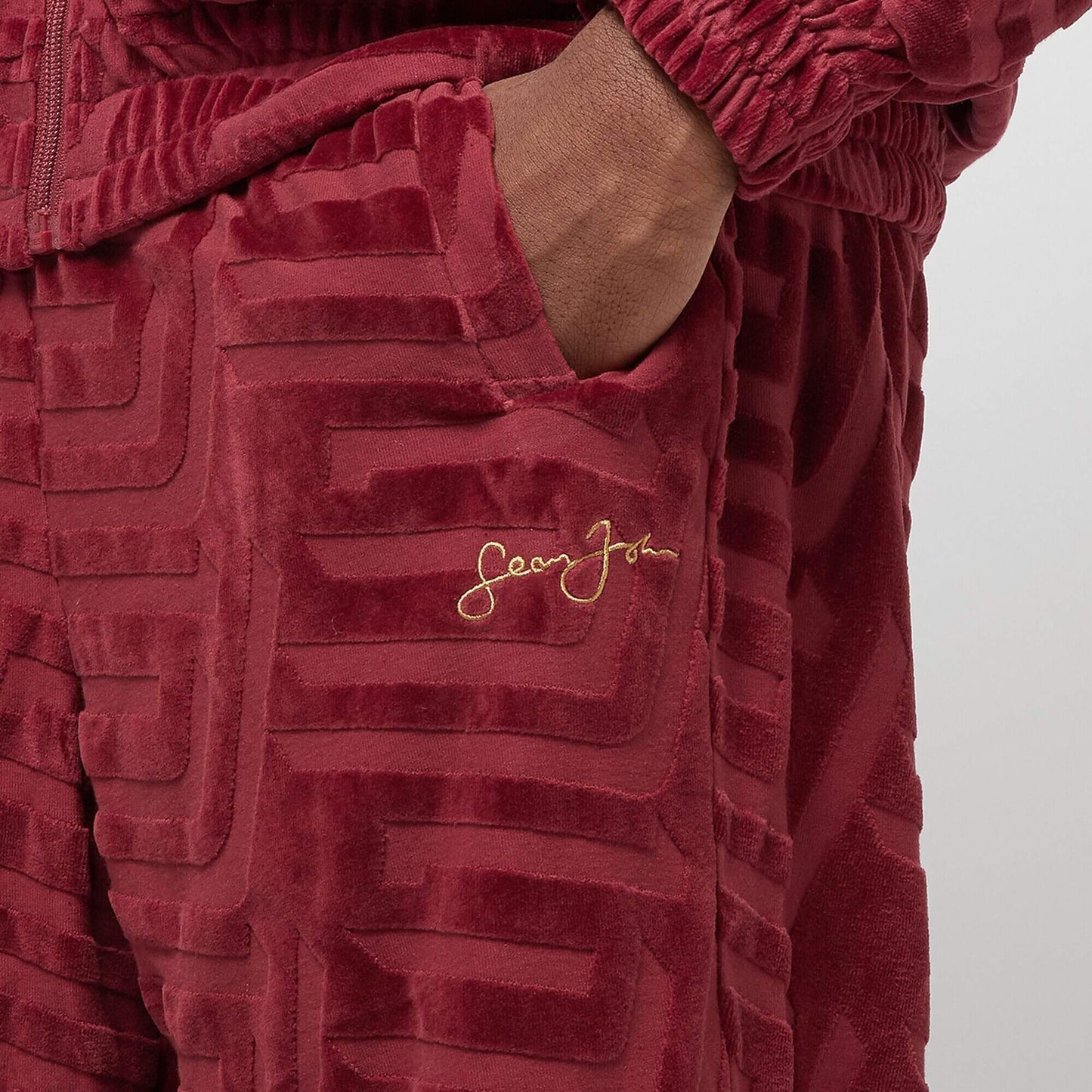 Sean John SJ Script Logo Geometric Devorèe Velours Trackjacket dark red