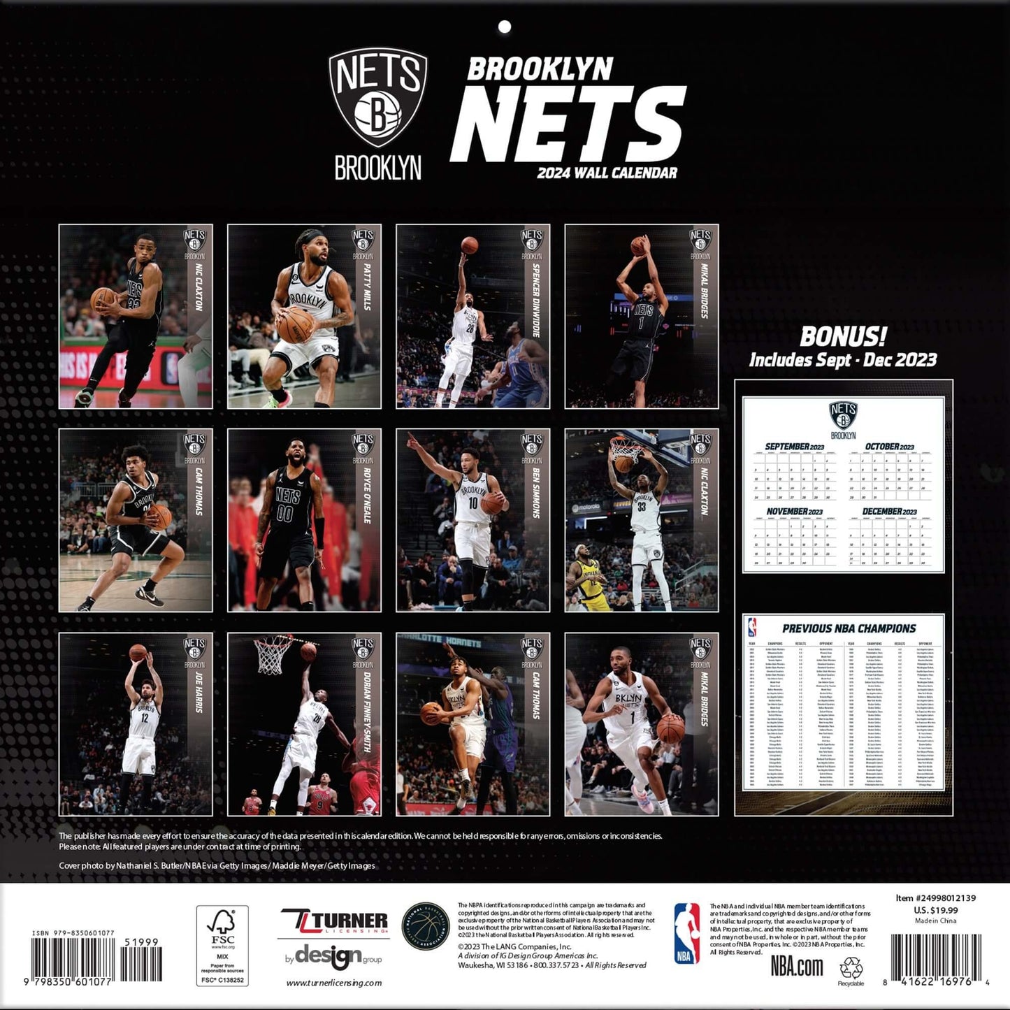 TURNER SPORTS NBA 2024 (30x60 cm) WALL CALENDAR BROOKLYN NETS