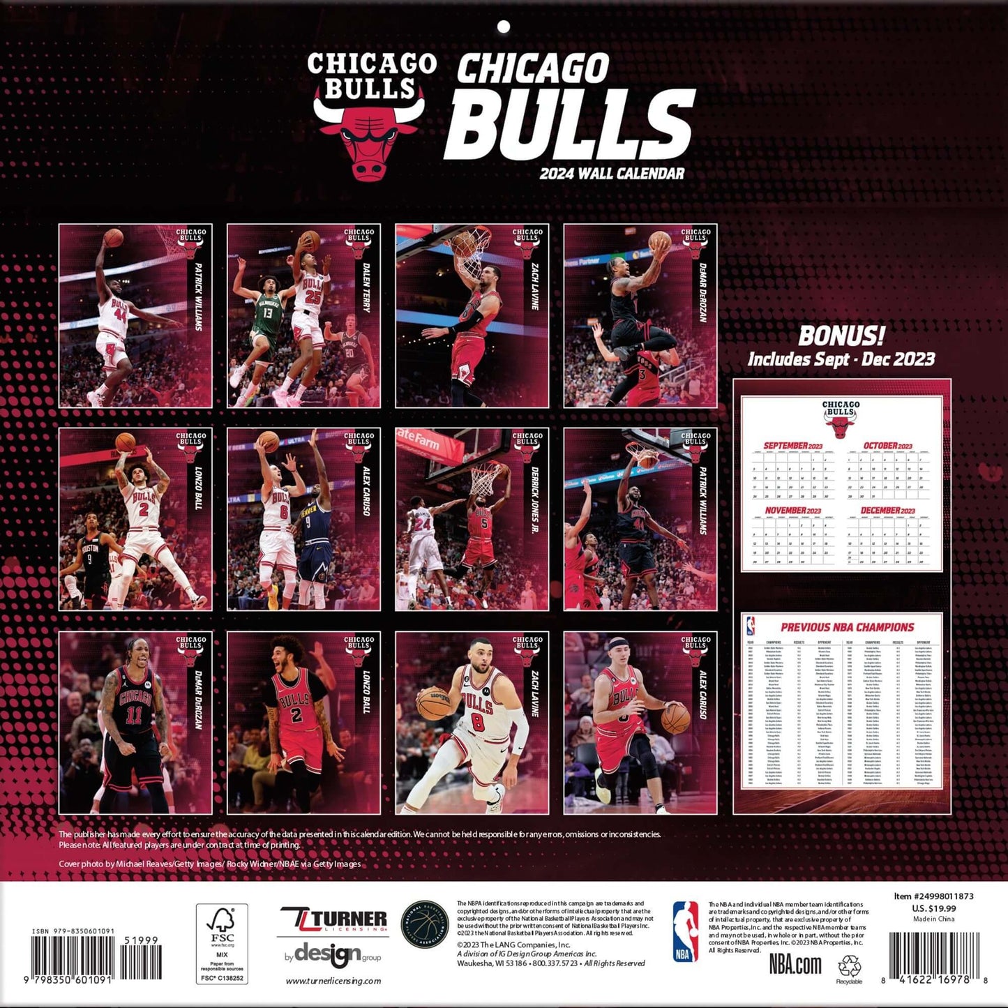 TURNER SPORTS NBA 2024 (30x60 cm) WALL CALENDAR CHICAGO BULLS
