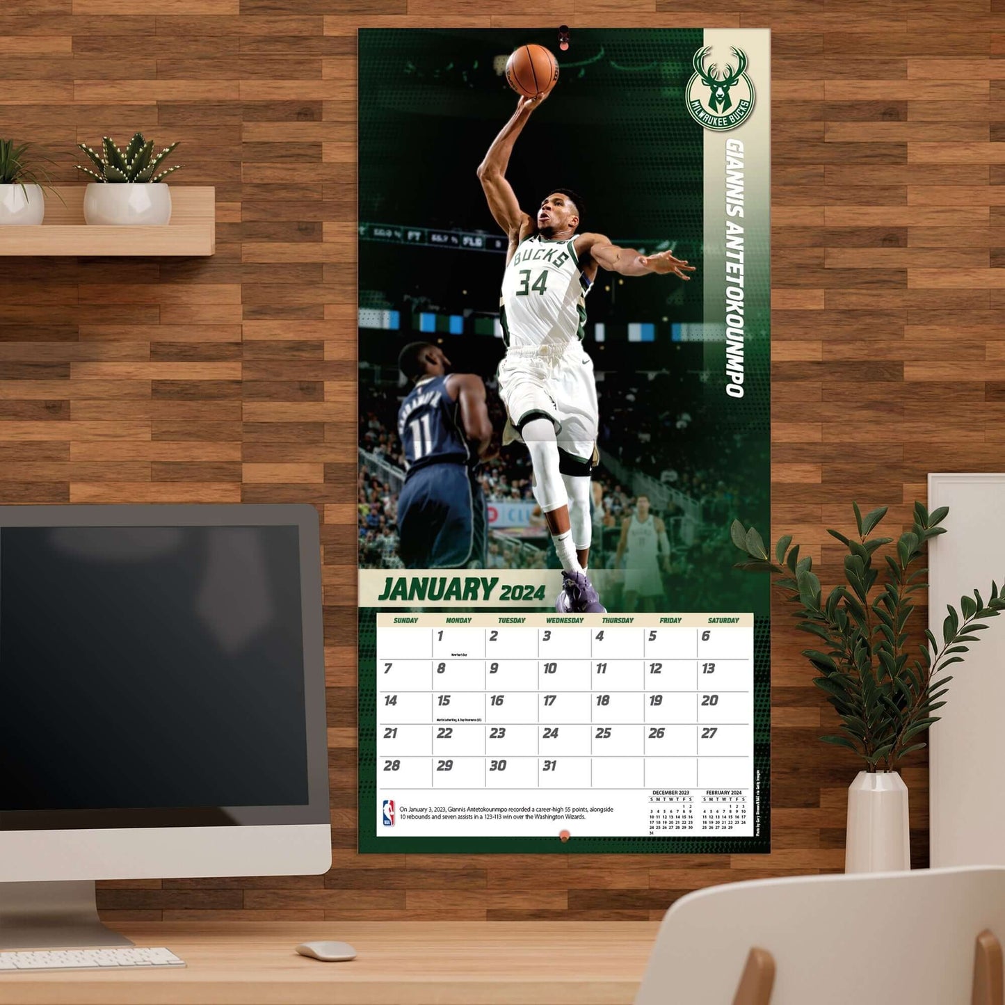 TURNER SPORTS NBA 2024 (30x60 cm) WALL CALENDAR MILWAUKEE BUCKS GIANNIS ANTETOKOUNMPO