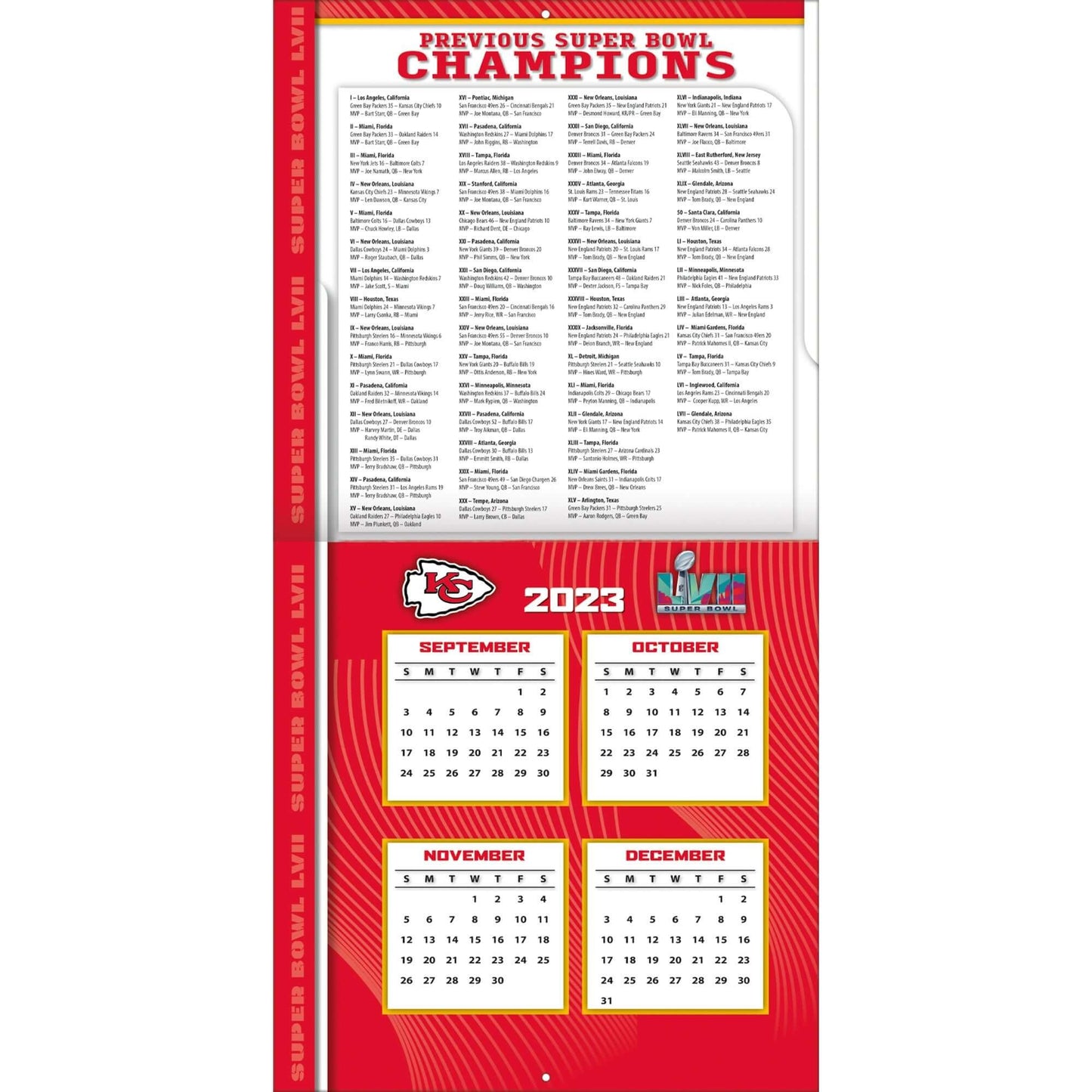 TURNER SPORTS NFL 2024 (30x60 cm) WALL CALENDAR KANSAS CITY CHIEFS