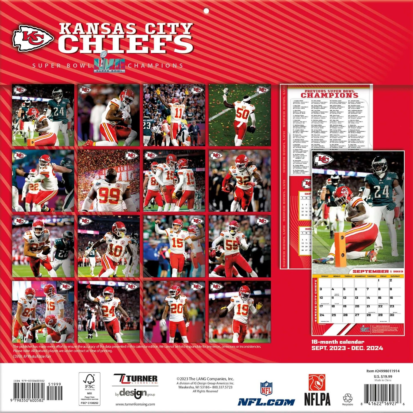 TURNER SPORTS NFL 2024 (30x60 cm) WALL CALENDAR KANSAS CITY CHIEFS