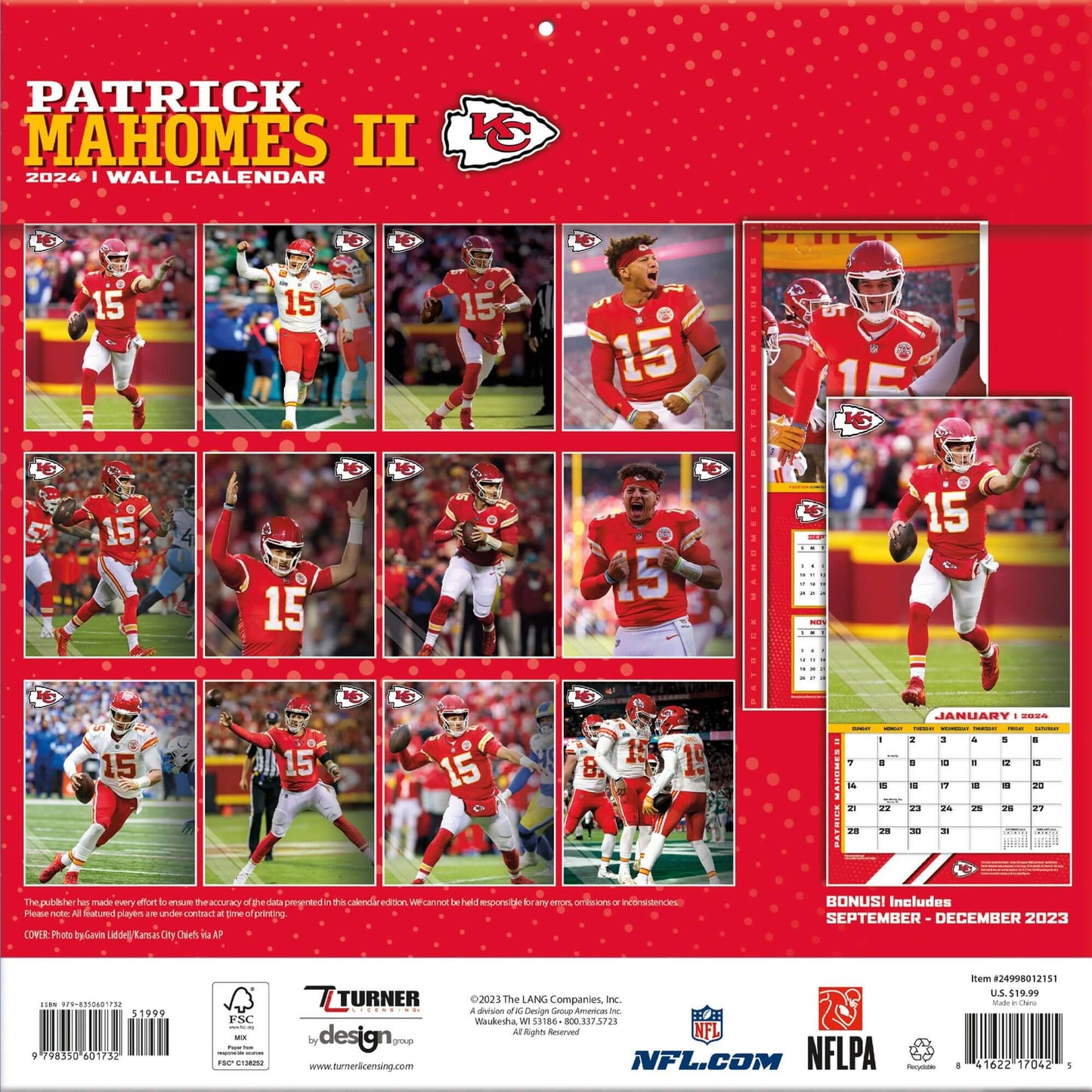 TURNER SPORTS NFL 2024 (30x60 cm) WALL CALENDAR KANSAS CITY CHIEFS PATRICK MAHOMES