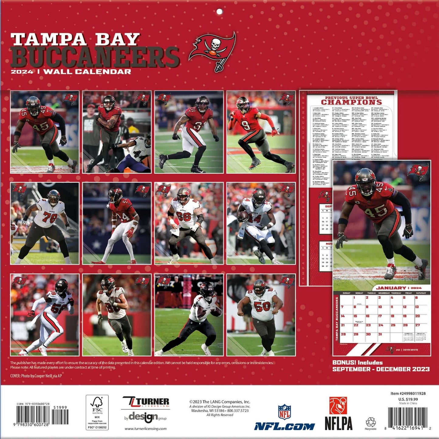 TURNER SPORTS NFL 2024 (30x60 cm) WALL CALENDAR TAMPA BAY BUCCANEERS
