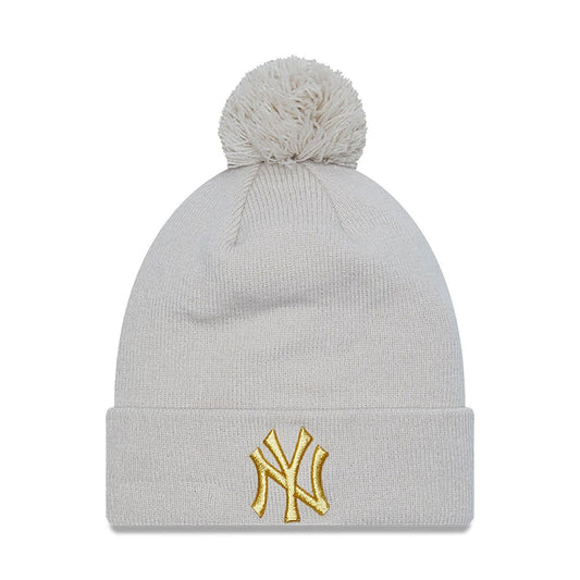 Dámska zimná čiapka s brmbolcom New Era MLB New York Yankees Metallic Pom Stone Womens Bobble Knit Beanie Hat krémovo-biela