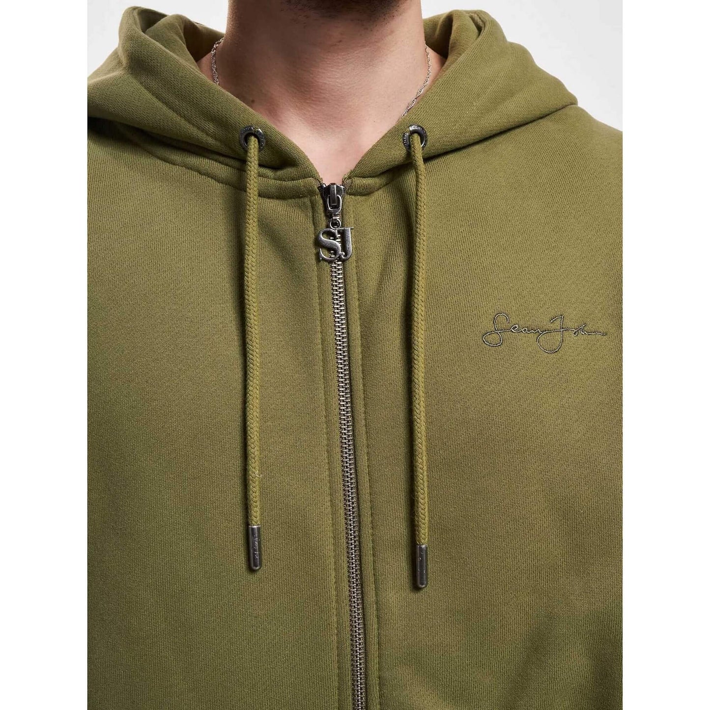 Sean John SJ Script Logo Backprint Peached Zip Hoodie olive