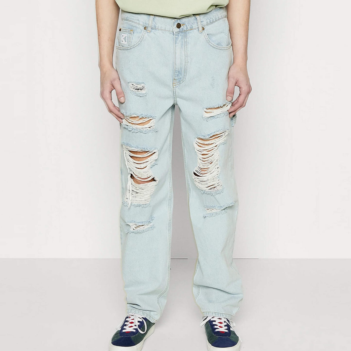 Džínsy Karl Kani KK Retro Baggy Workwear Heavy Distressed Denim bleached blue modré